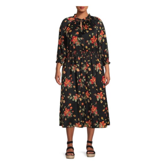 Size 1X (16W-18W) FLORAL PRINT PEASANT MIDI DRESS W/POCKETS All-Season PLUS SIZE - Picture 1 of 8